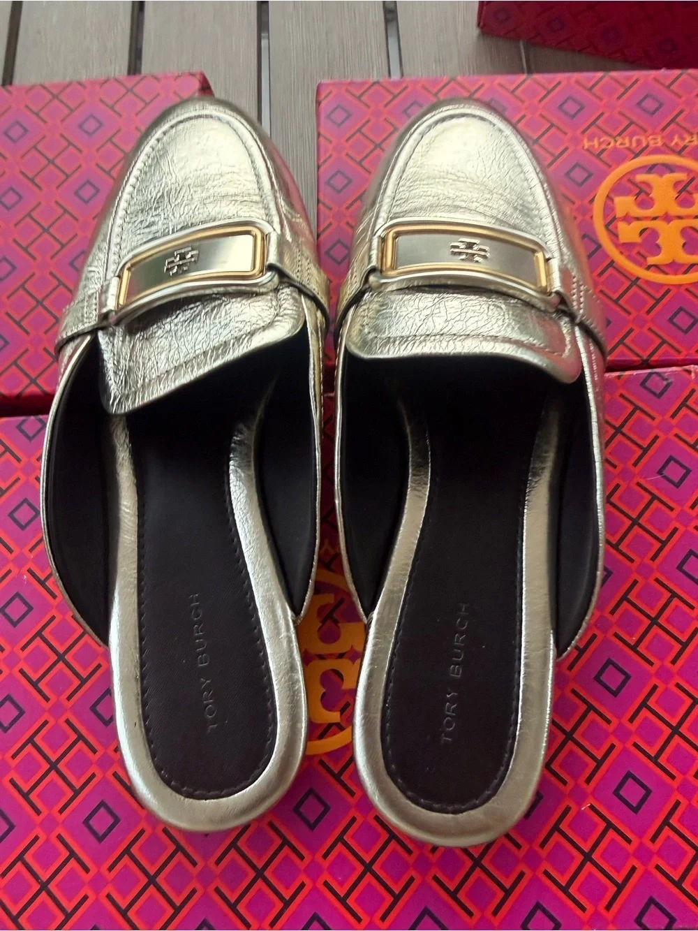 Tory Burch Georgia Backless Loafer Mule Spark Gold Metallic Leather NIB Size 8